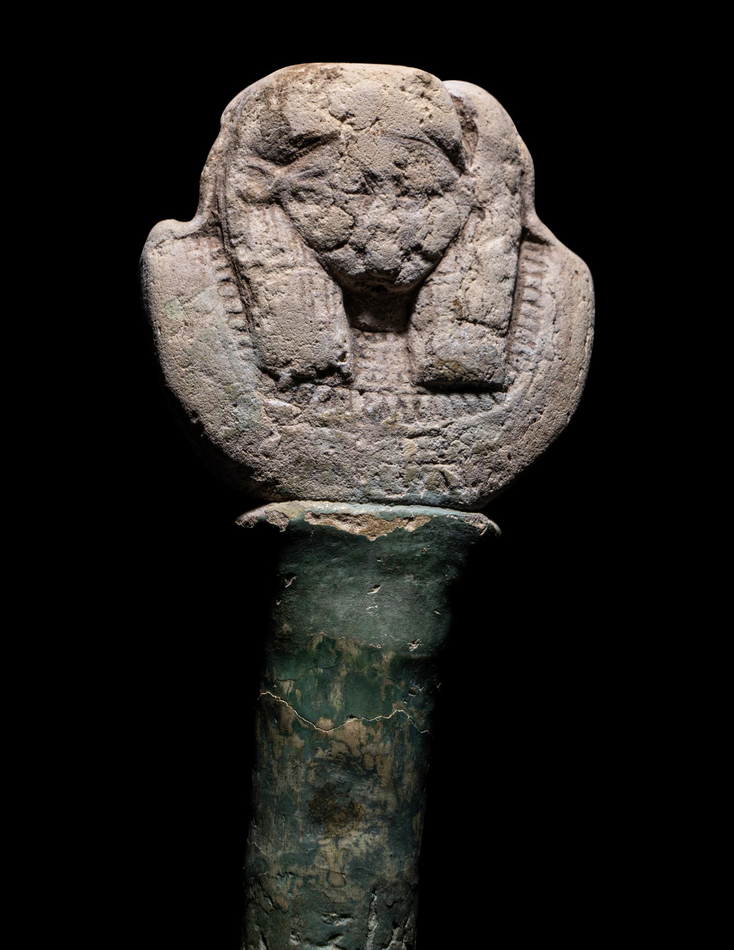 An Egyptian Faience Sistrum Handle with Hathor