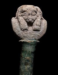 An Egyptian Faience Sistrum Handle with Hathor