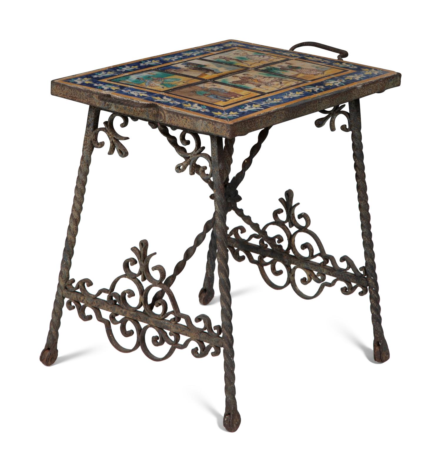 A Mizner Wrought Iron Side Table with Inset Spanish Tile Top