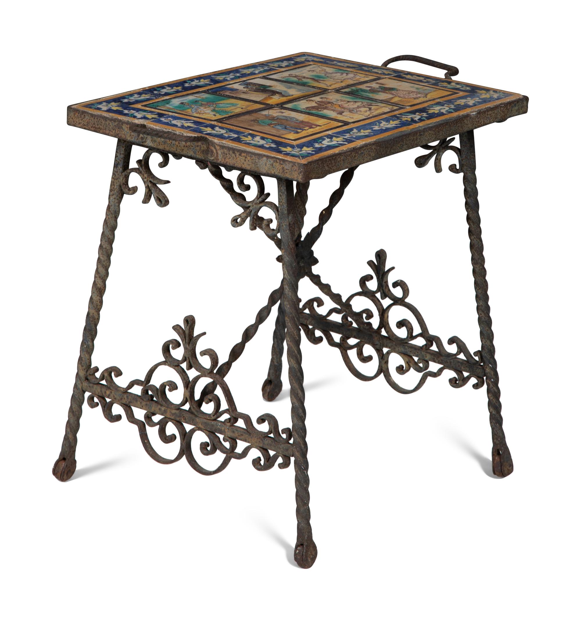 A Mizner Wrought Iron Side Table with Inset Spanish Tile Top