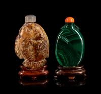 A Chinese Russet and Pale Celadon Fish-Form Snuff Bottle and A Chinese Carved Malachite Snuff Bottle