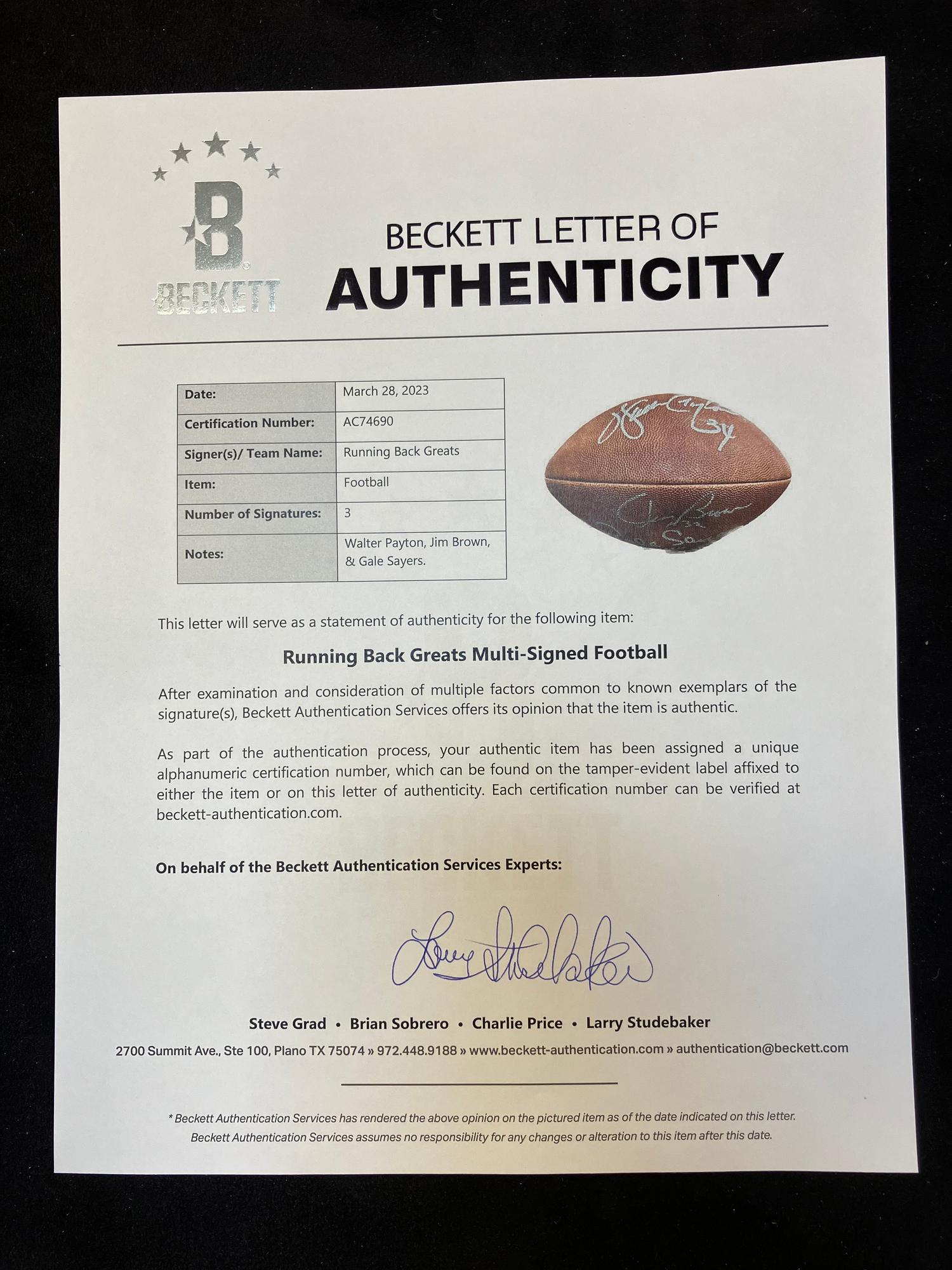 A Football Hall of Fame Legendary Running Backs Signed Autograph Football Featuring Walter Payton, Jim Brown and Gale Sayers (Beckett Authentication Services Letter)