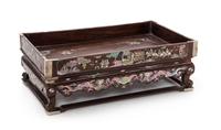 A Chinese Mother-of-Pearl Inlaid Rosewood Stand Height 4 x length 12 x depth 7 inches.