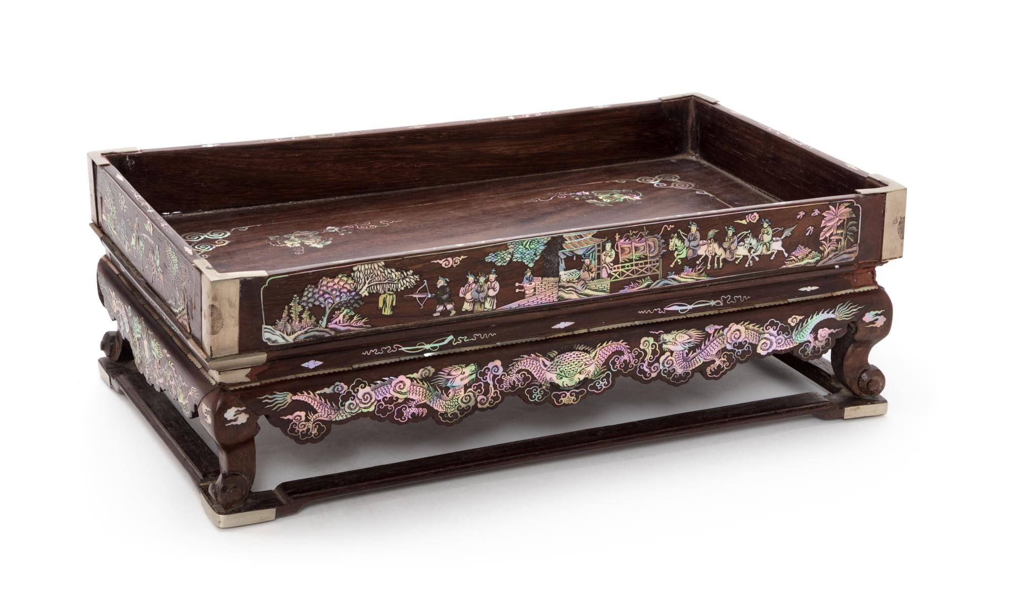 A Chinese Mother-of-Pearl Inlaid Rosewood Stand Height 4 x length 12 x depth 7 inches.