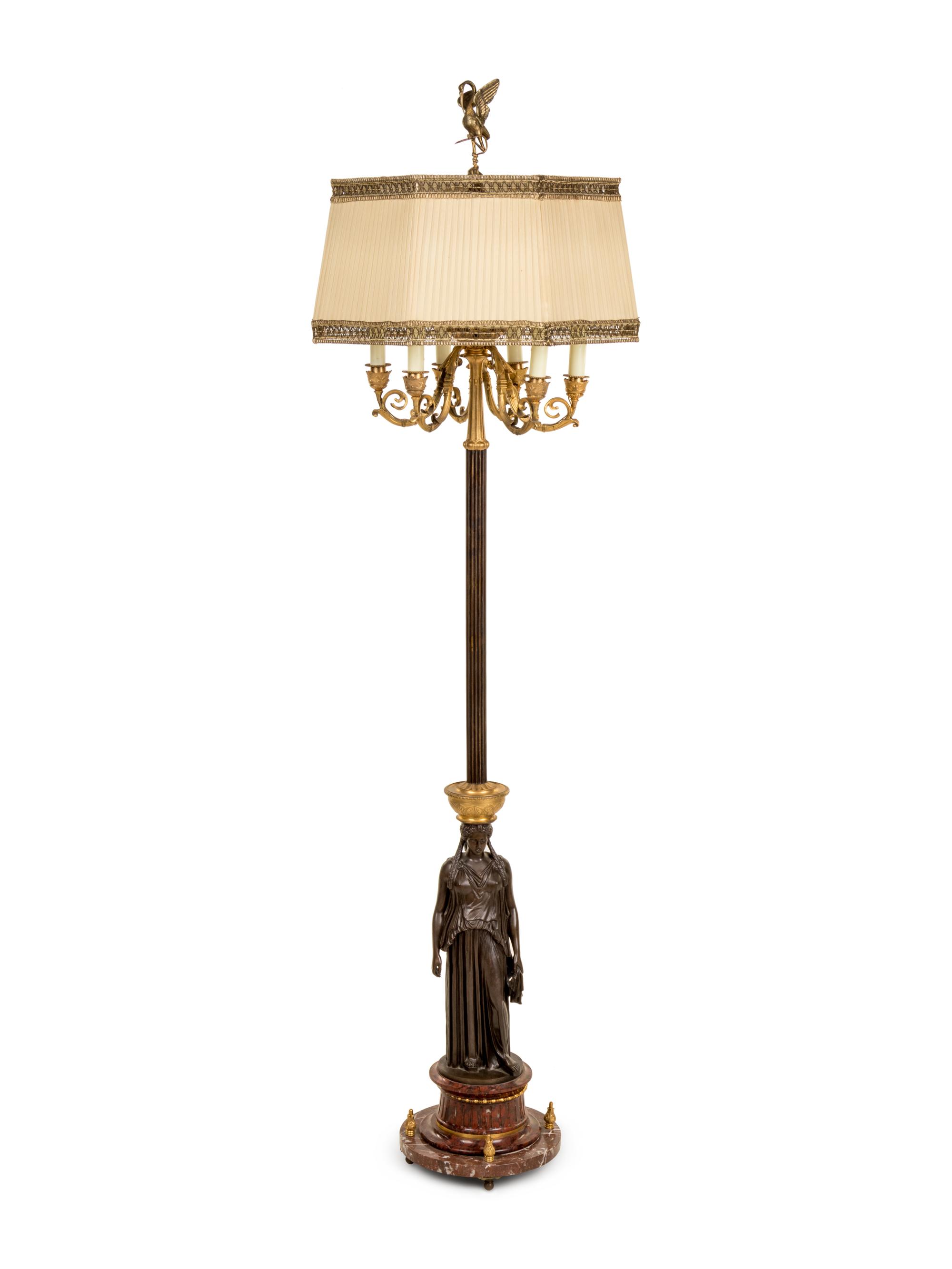 An Empire Style Gilt and Patinated Bronze Candelabrum Mounted as a Floor Lamp