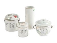 Three Famille Rose Porcelain Covered Jars and A Famille Rose Porcelain Hat Holder