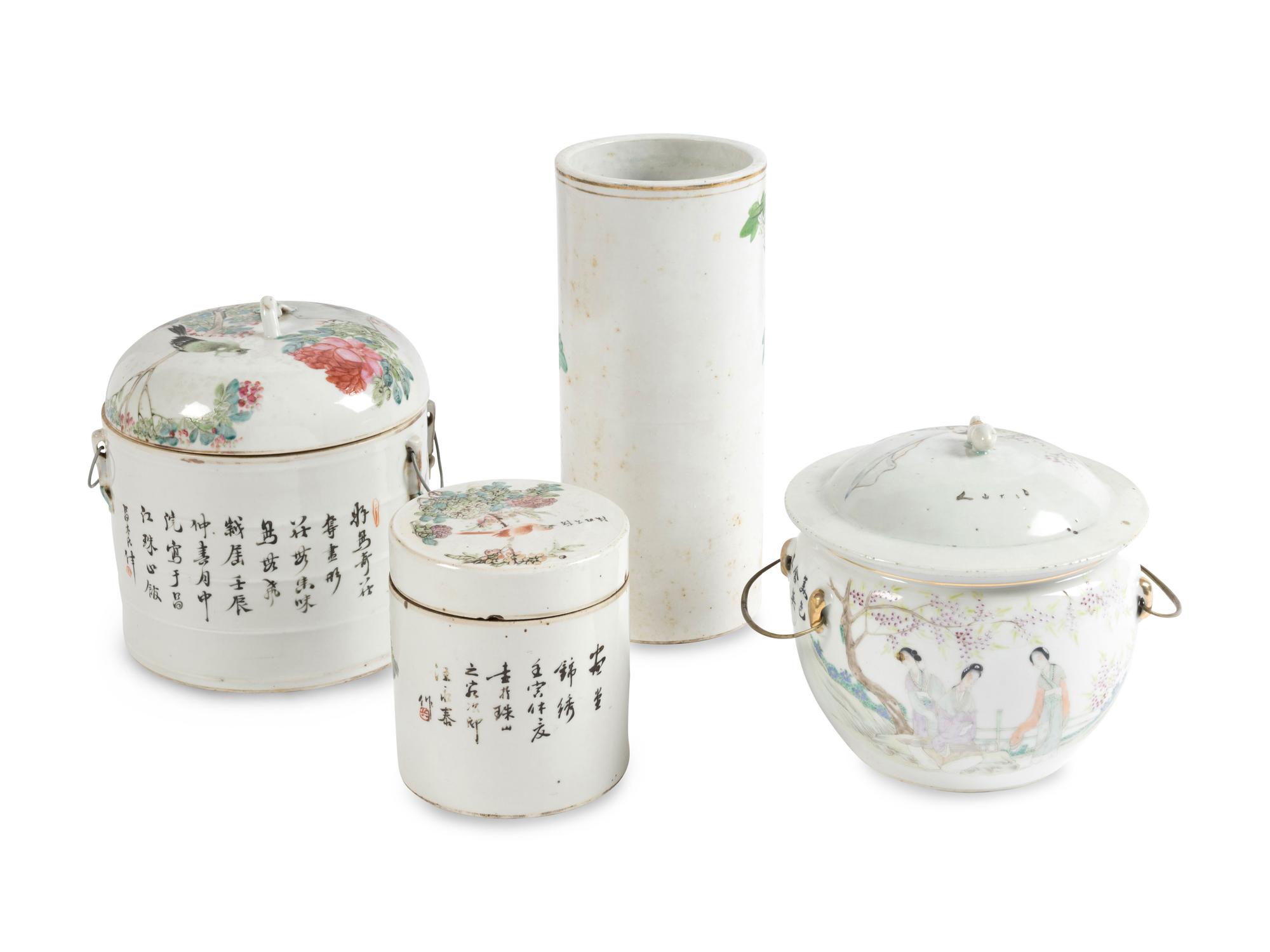Three Famille Rose Porcelain Covered Jars and A Famille Rose Porcelain Hat Holder