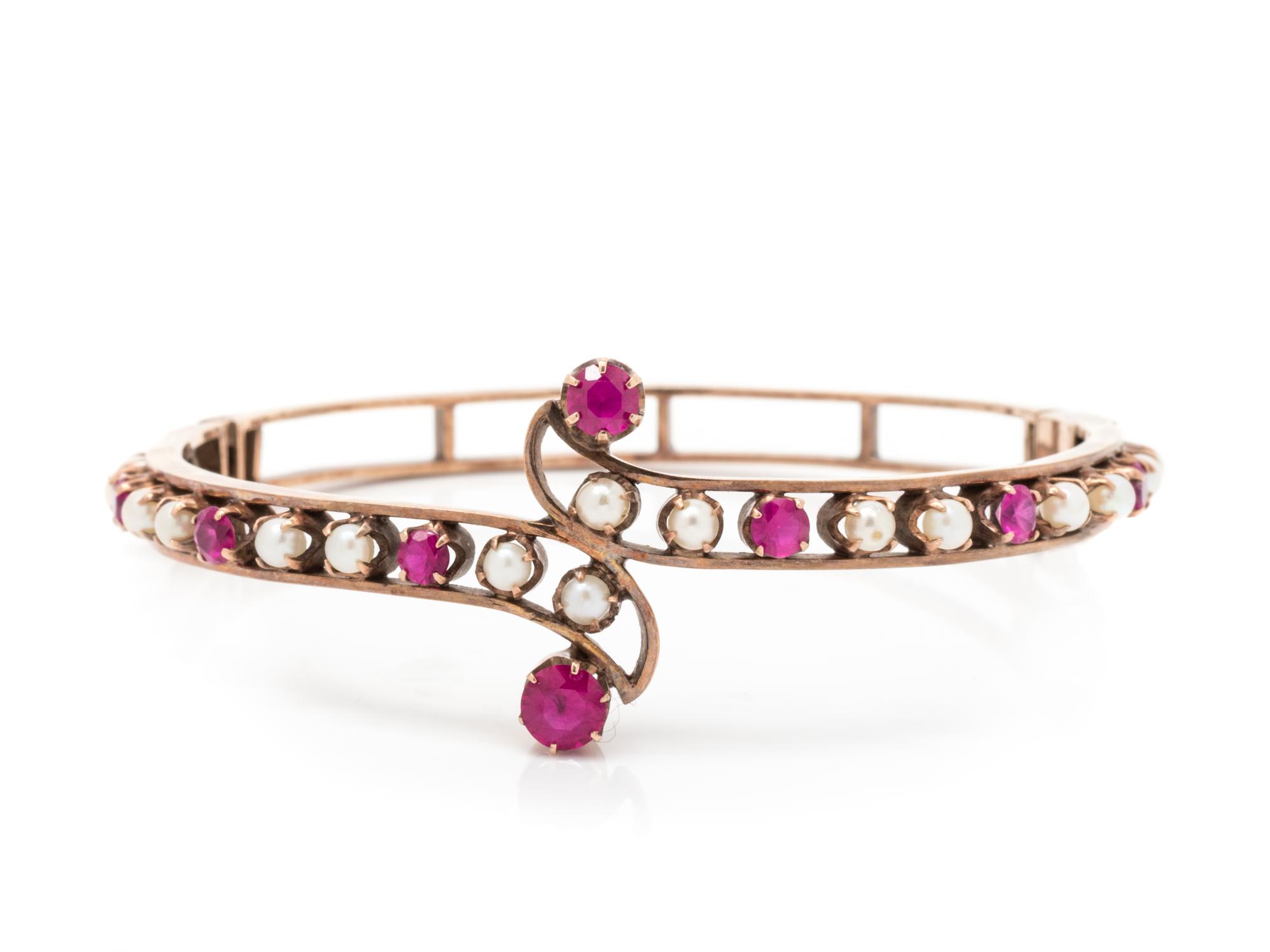 A Rose Gold, Synthetic Pink Sapphire and Cultured Pearl Bangle Bracelet,