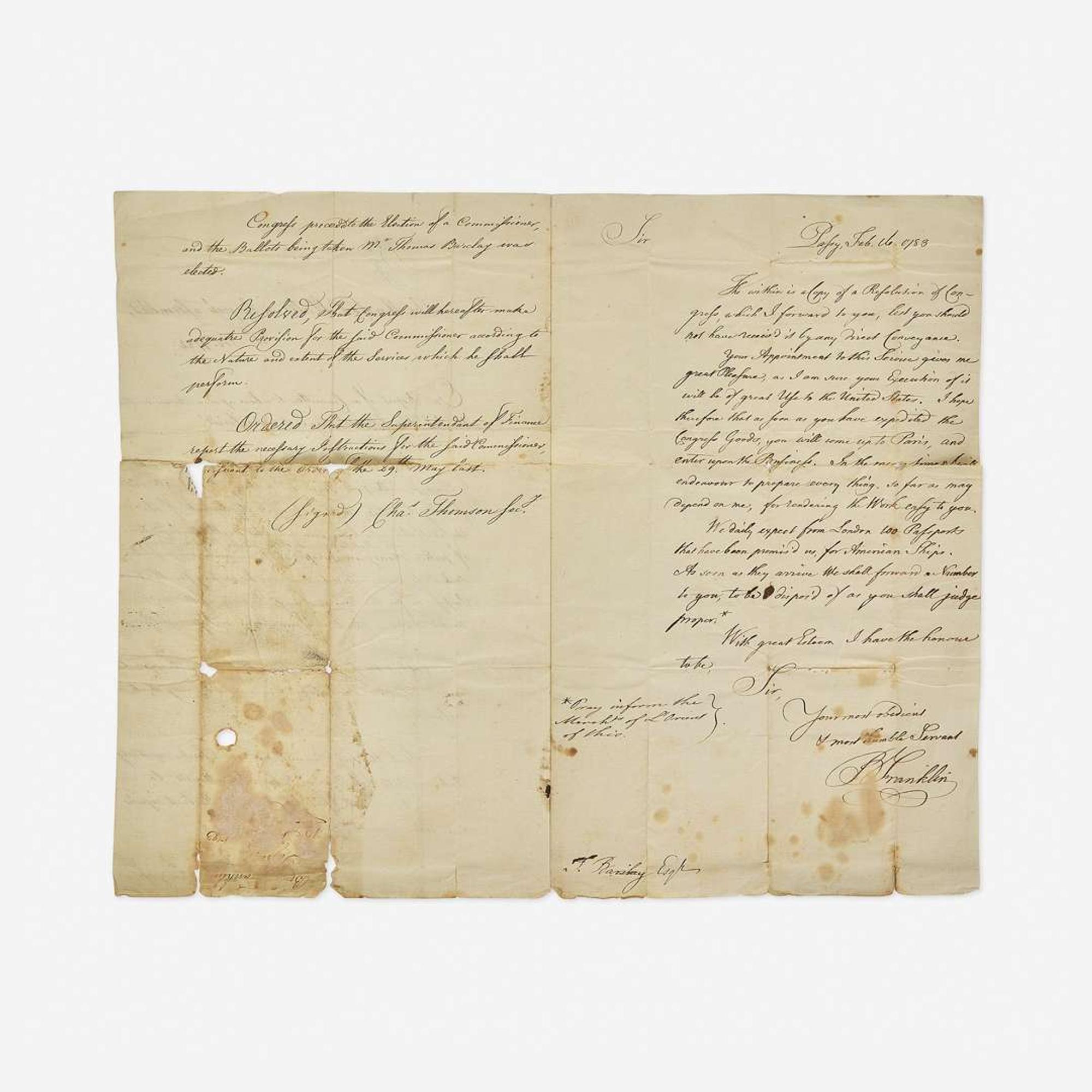 [Americana] Franklin, Benjamin Autograph Letter, signed
