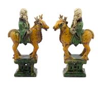 A Pair of Chinese Sancai Glazed Pottery Shoulou Form Censers