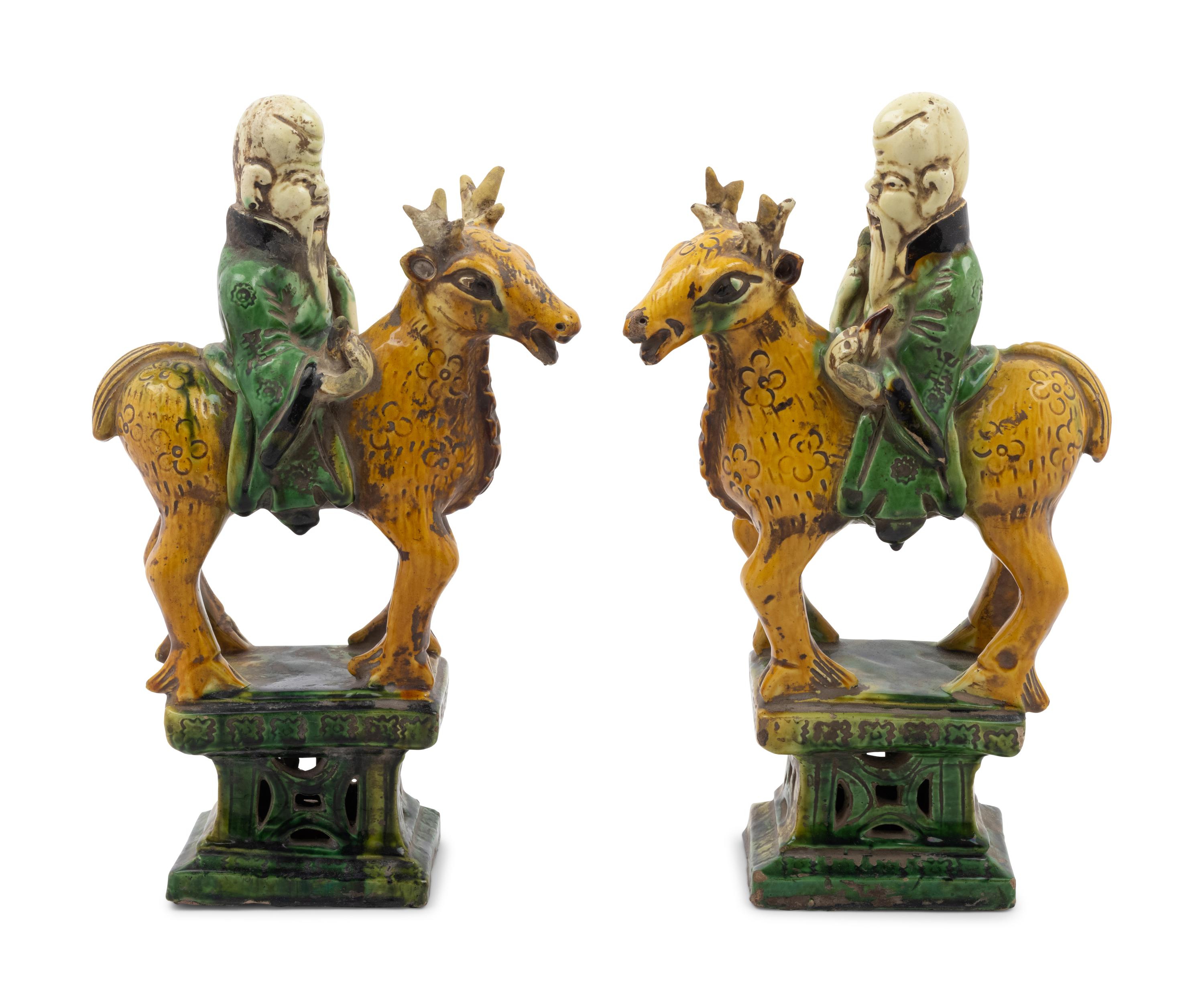 A Pair of Chinese Sancai Glazed Pottery Shoulou Form Censers