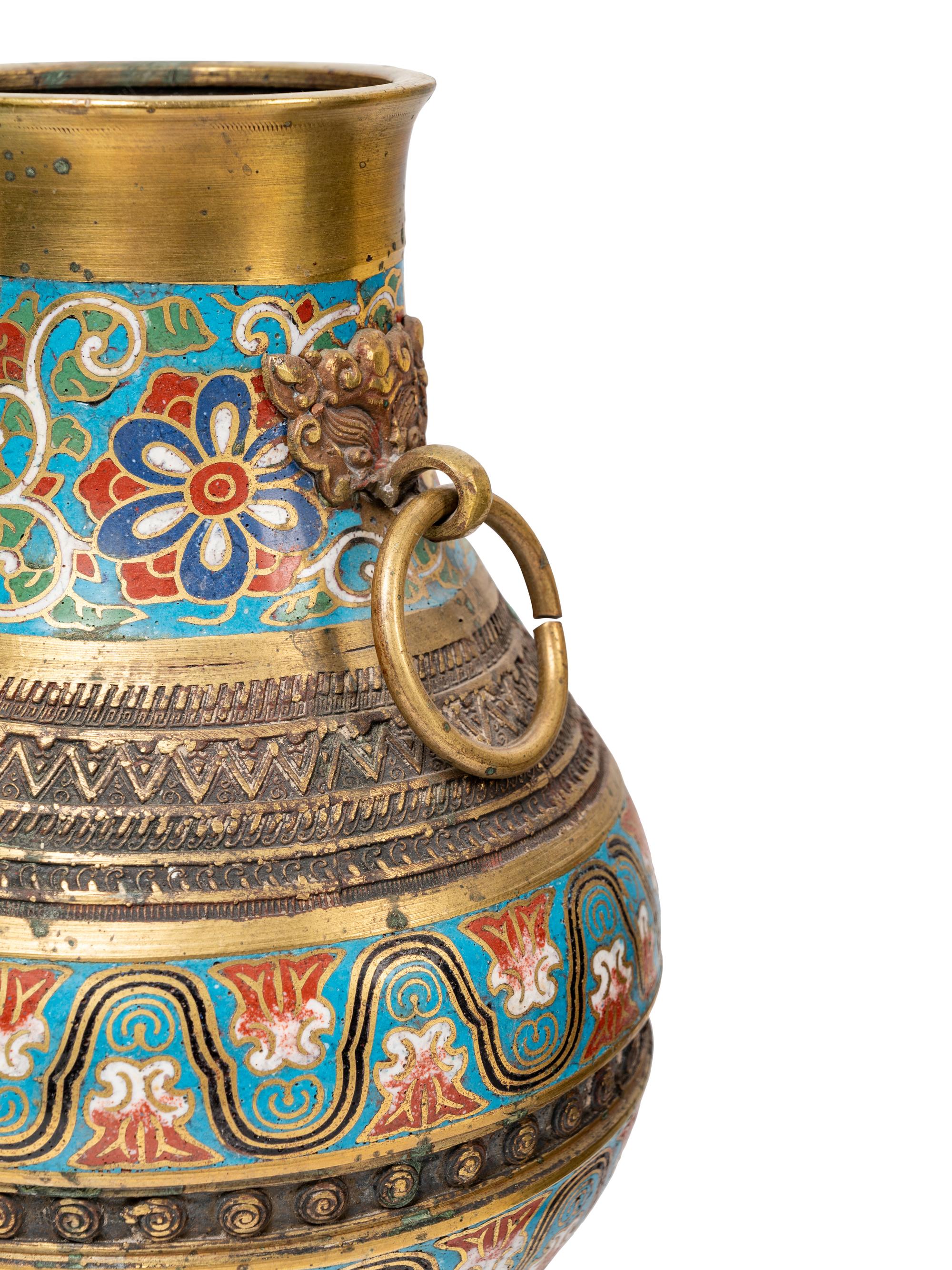 Five Japanese Archaistic Blue Ground Cloisonné Enameled Vases