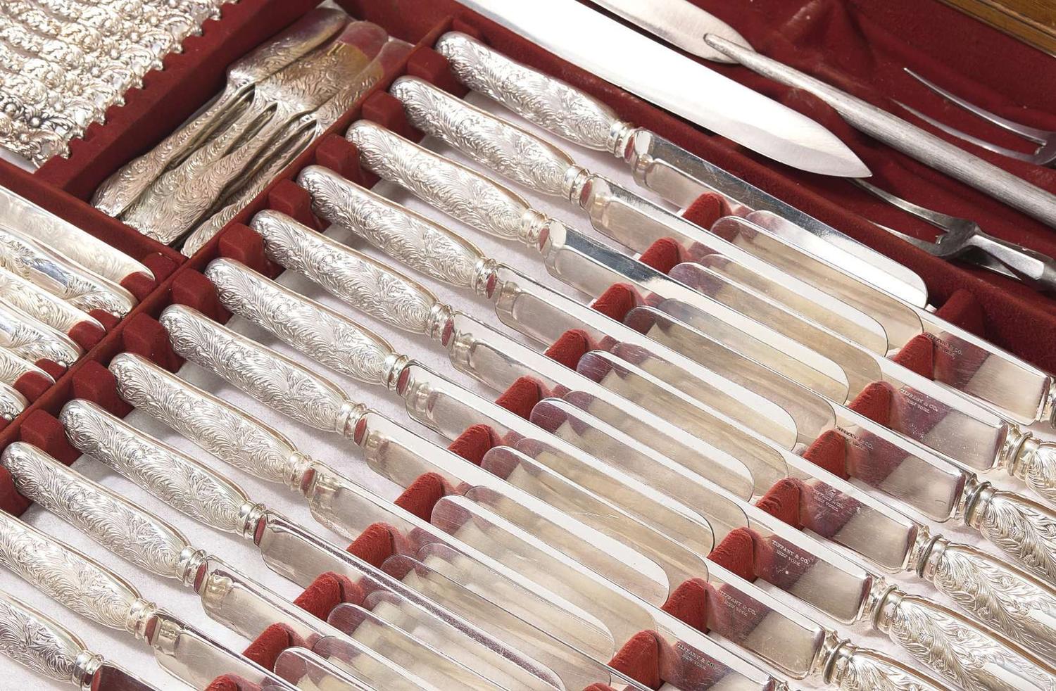 An extensive sterling silver flatware service for twelve in the "Indian Chrysanthemum" pattern, designed by Charles T. Grosjean, Tiffany & Co., New York, NY, circa 1880-1891
