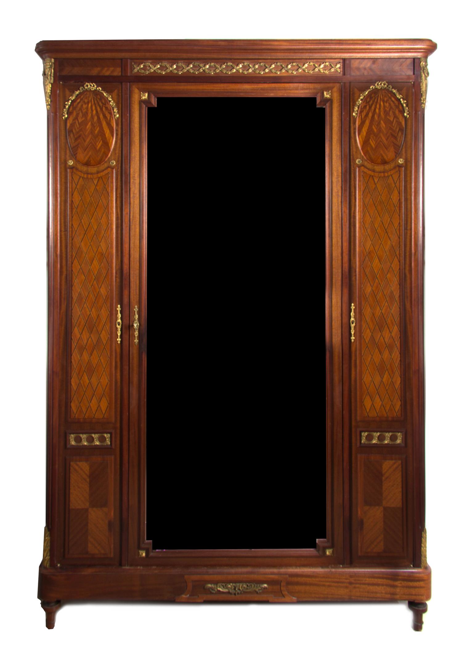 A Louis XVI Style Gilt Bronze Mounted Parquetry Armoire, EARLY 20TH CENTURY, Height 91 x width 60 x depth 19 1/2 inches. — EARLY 20TH CENTURY,