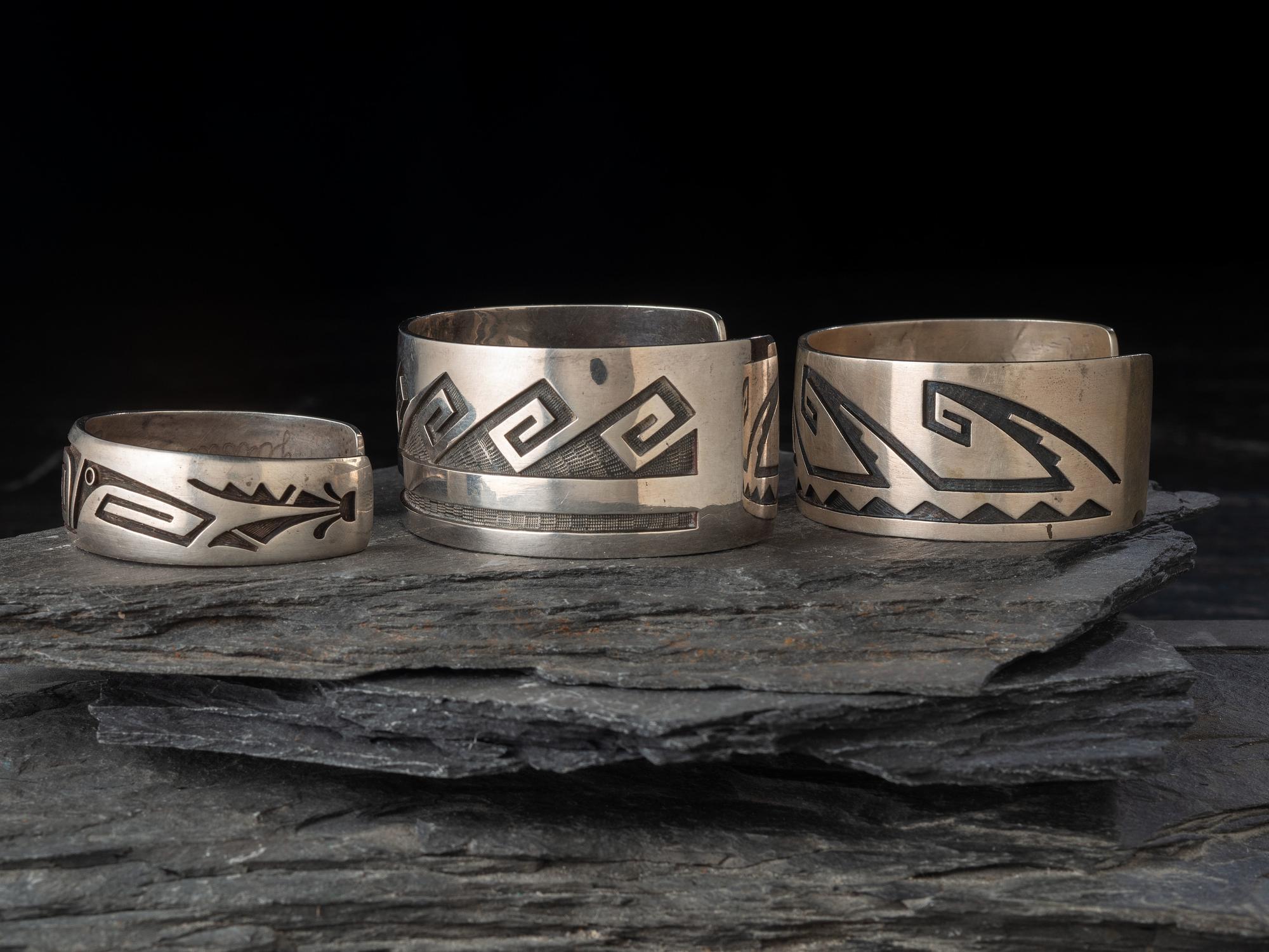 Group of Hopi Silver Overlay Cuff Bracelets