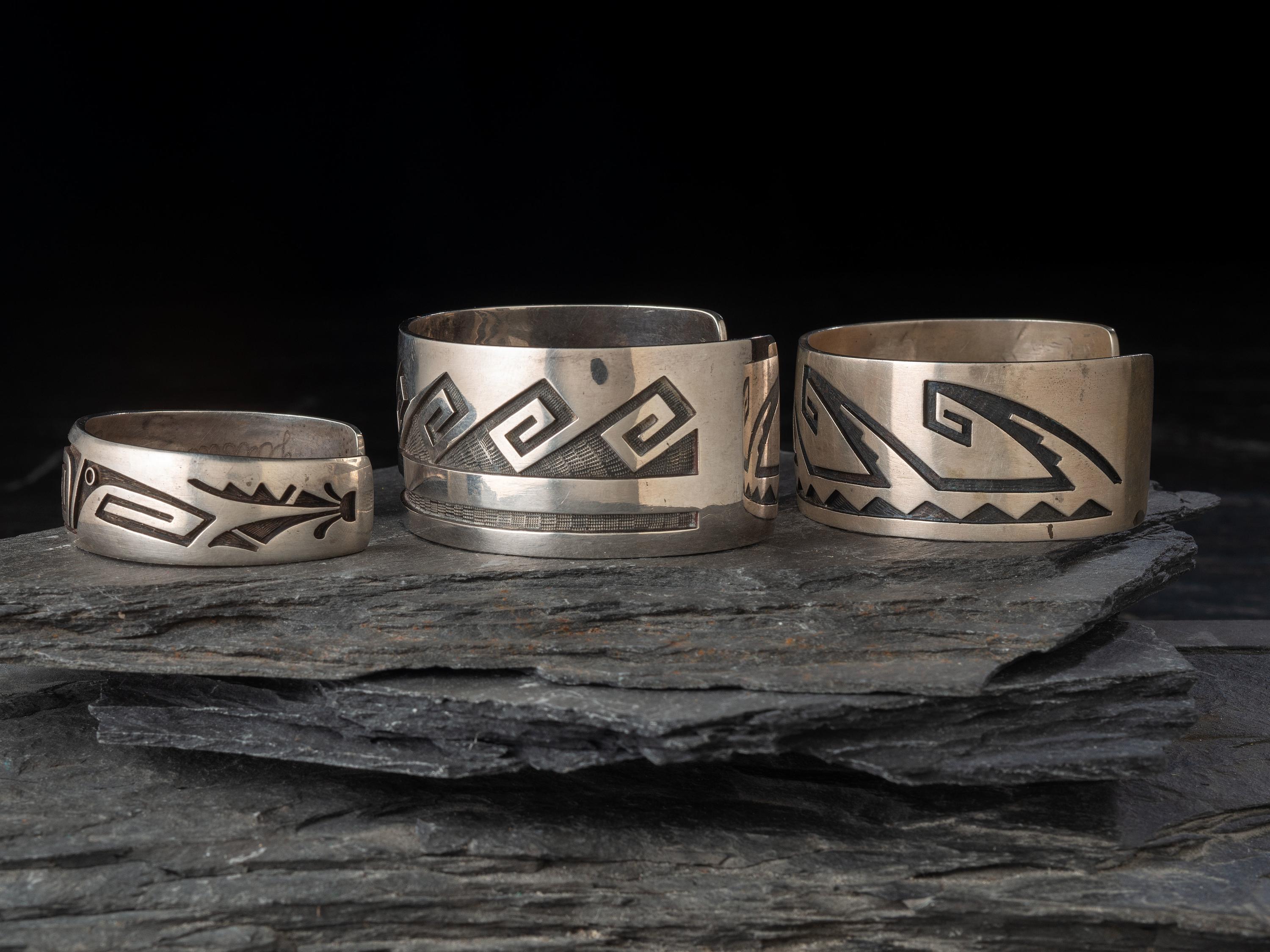 Group of Hopi Silver Overlay Cuff Bracelets