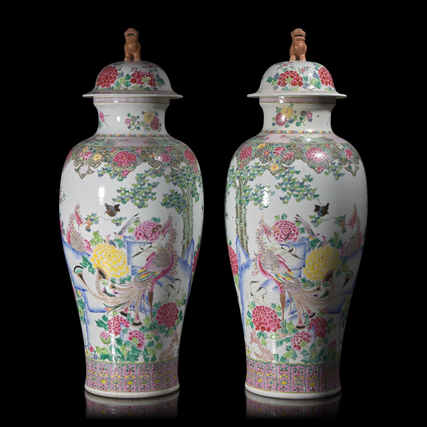 A Pair of Large Chinese Famille Rose Covered Vases 粉彩花鳥圖大蓋瓶一對