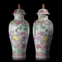 A Pair of Large Chinese Famille Rose Covered Vases 粉彩花鳥圖大蓋瓶一對