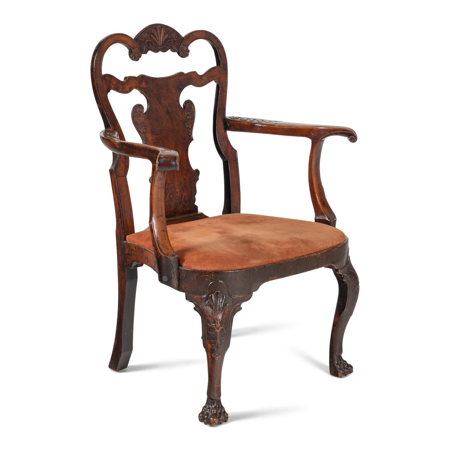 A George II/III Shell-Carved Oak and Walnut Armchair