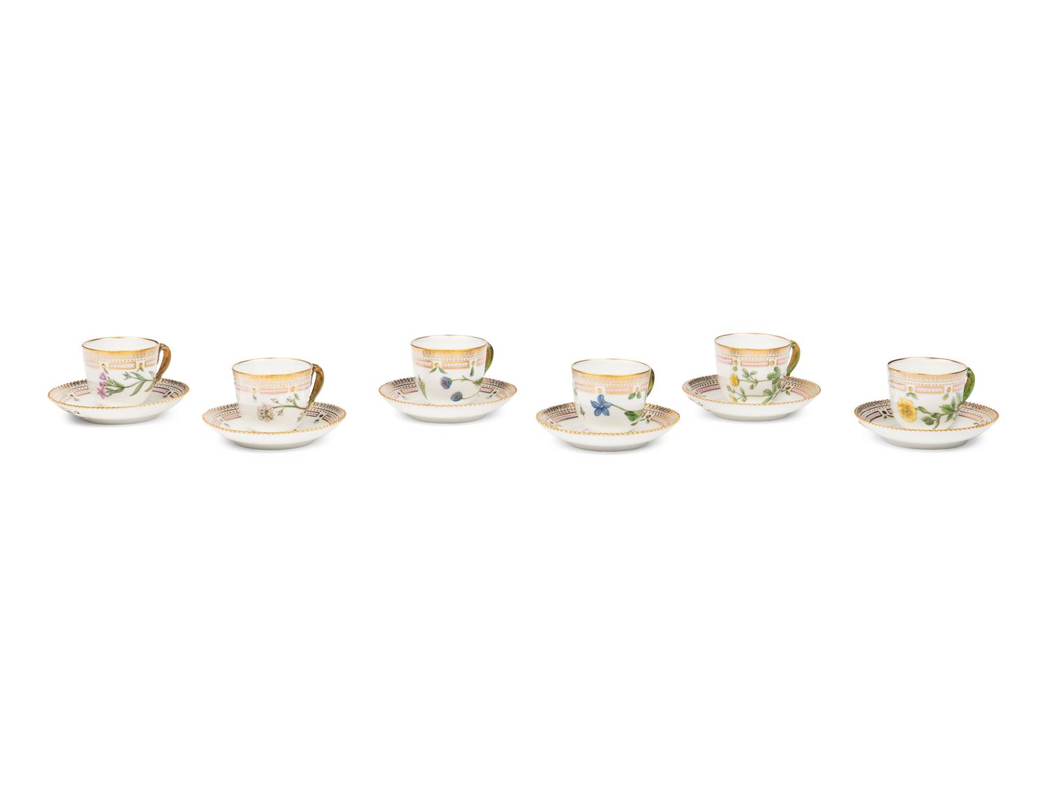 A Set of Six Royal Copenhagen Flora Danica Porcelain Coffee Cups and Saucers