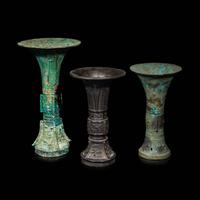 Three Chinese Archaistic Bronze Gu Vases — 青銅觚三件