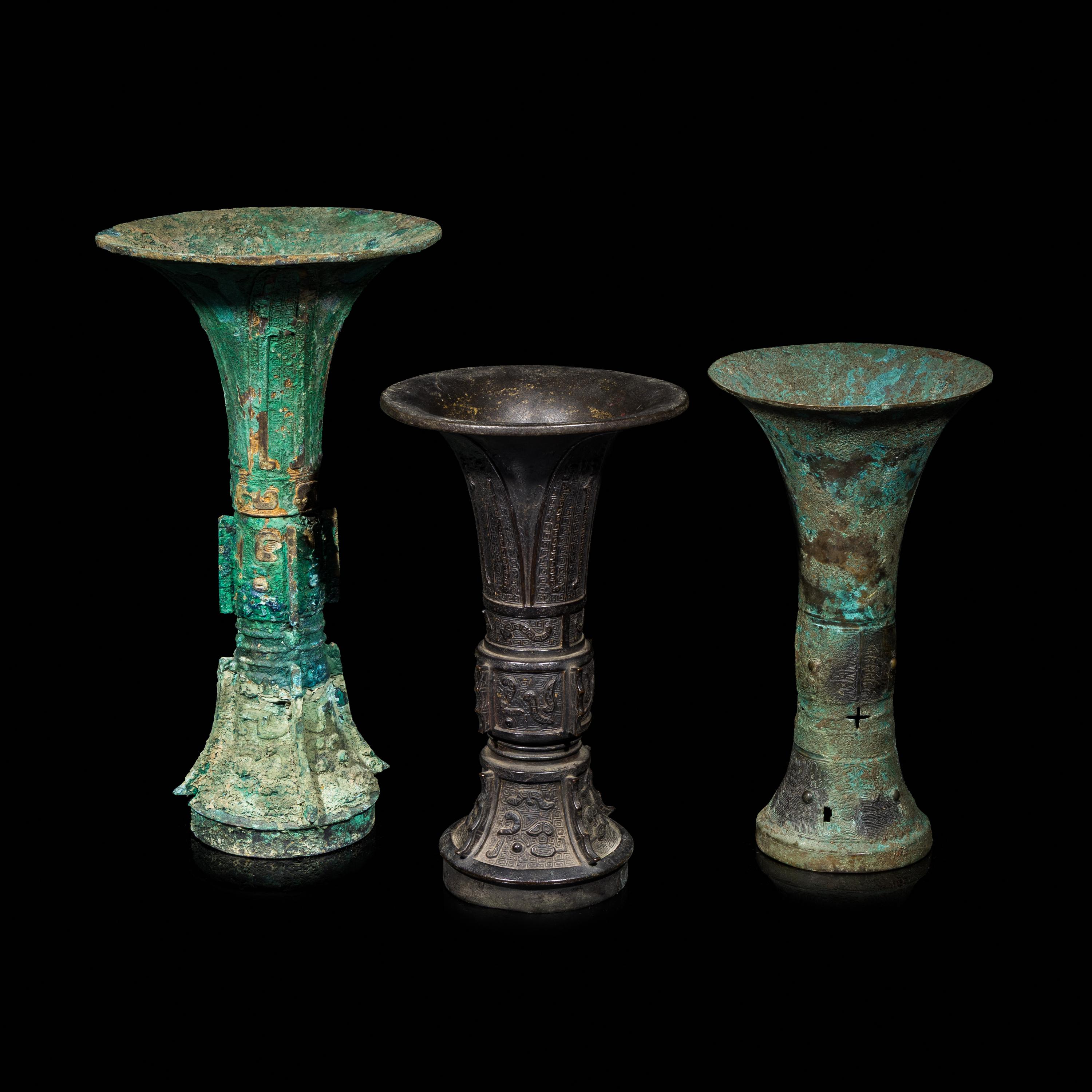 Three Chinese Archaistic Bronze Gu Vases — 青銅觚三件