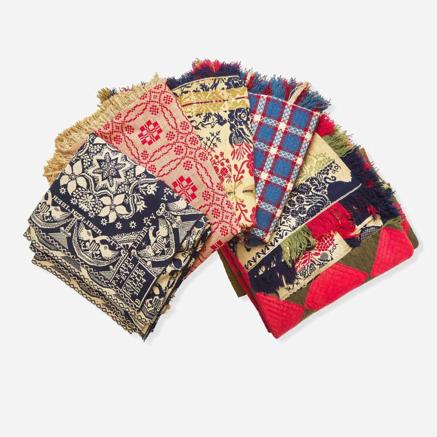 An assorted collection of five woven wool coverlets and one quilt; 19th century