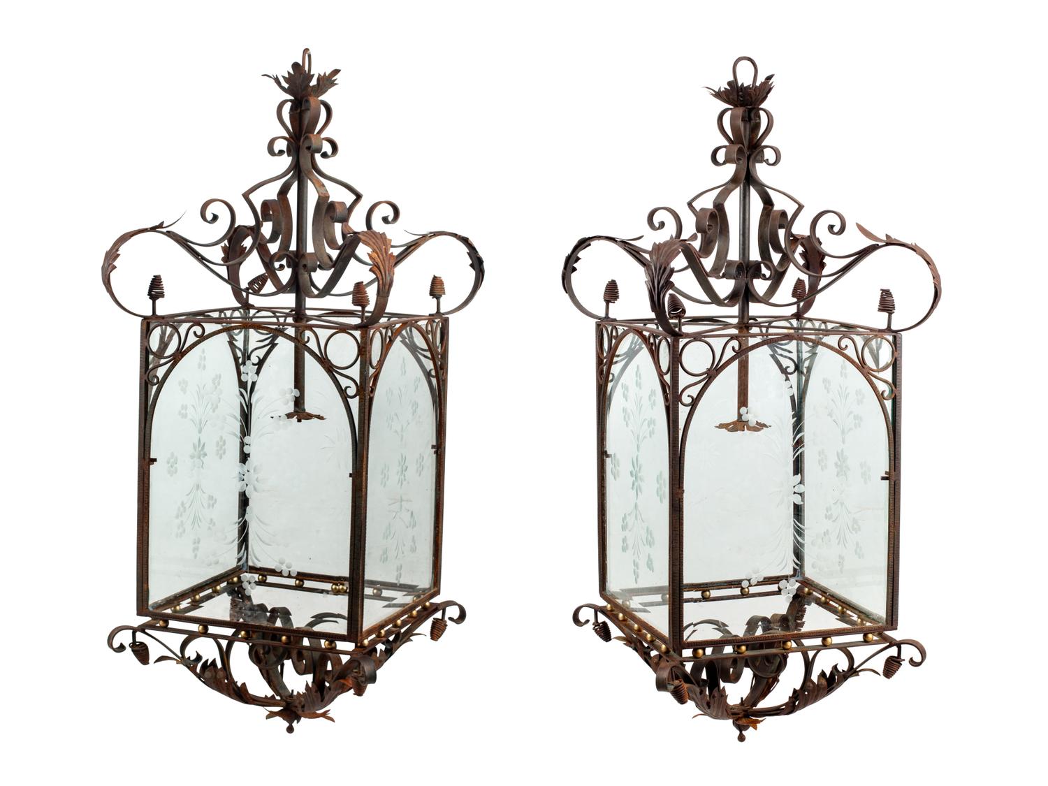 A Pair of Large Continental Wrought Iron and Etched Glass Lanterns