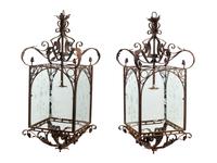 A Pair of Large Continental Wrought Iron and Etched Glass Lanterns