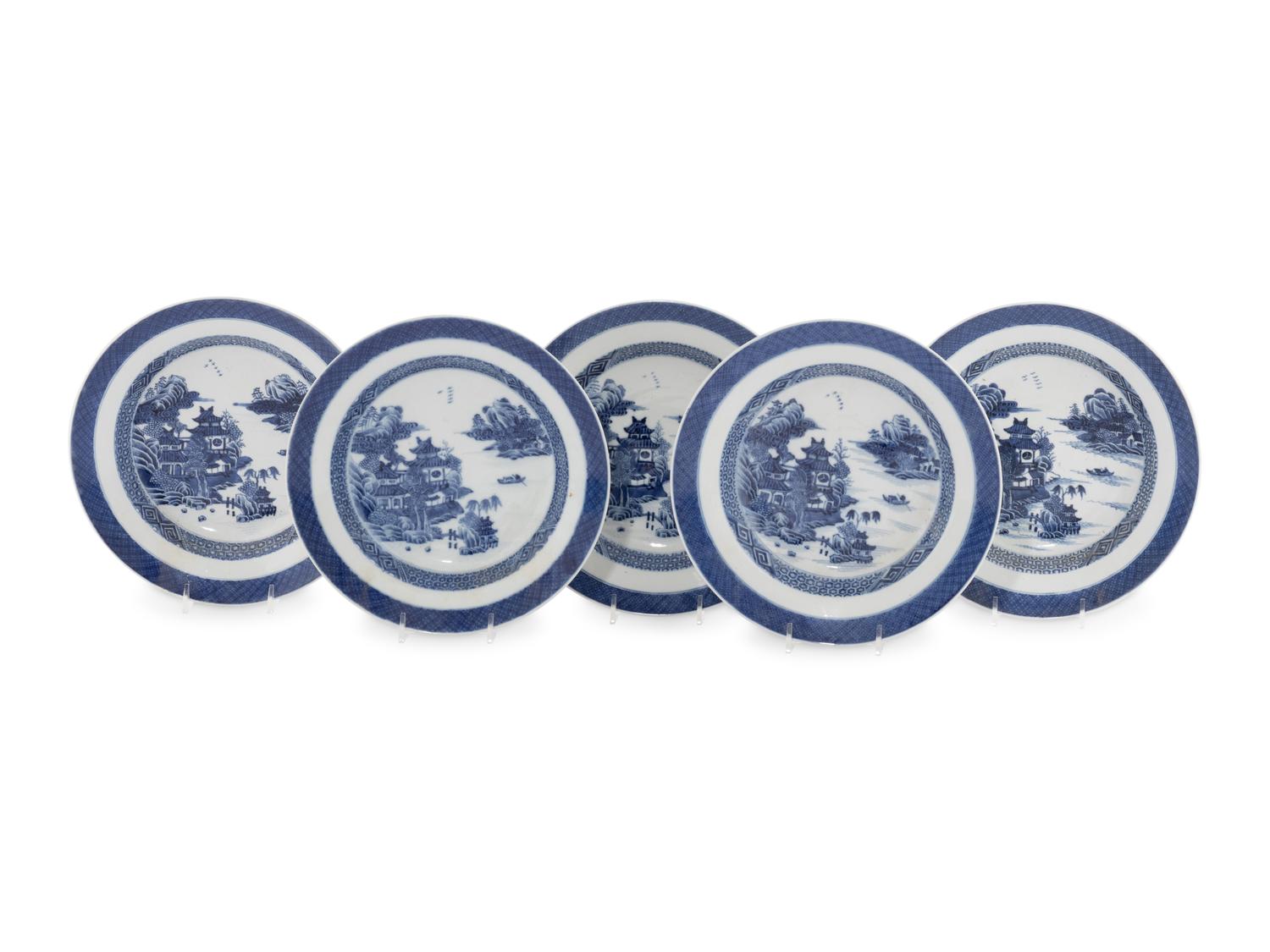 A Set of Five Chinese Export Blue and White Porcelain Soup Plates