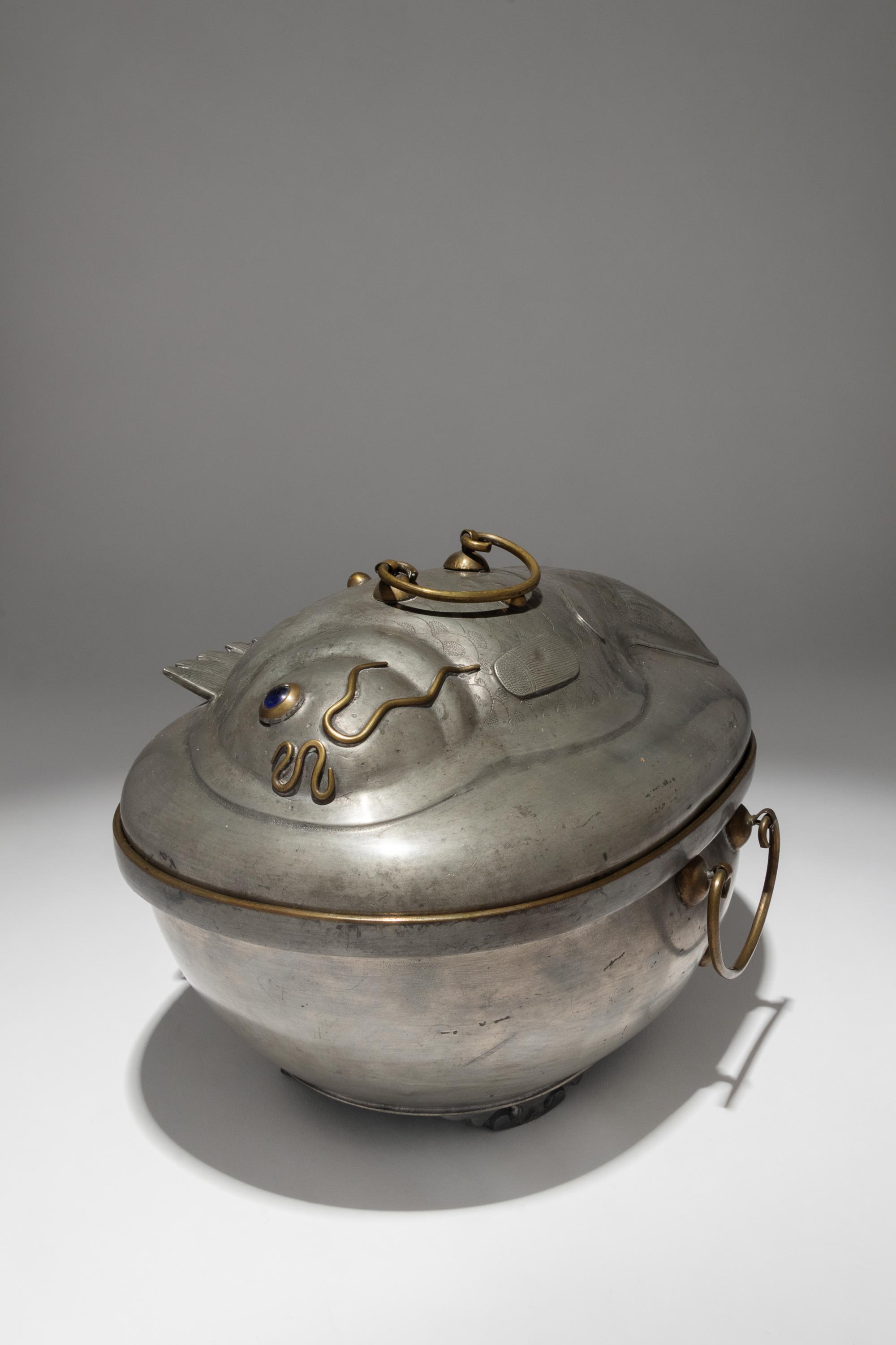 A Pewter Carp-Form Food Container