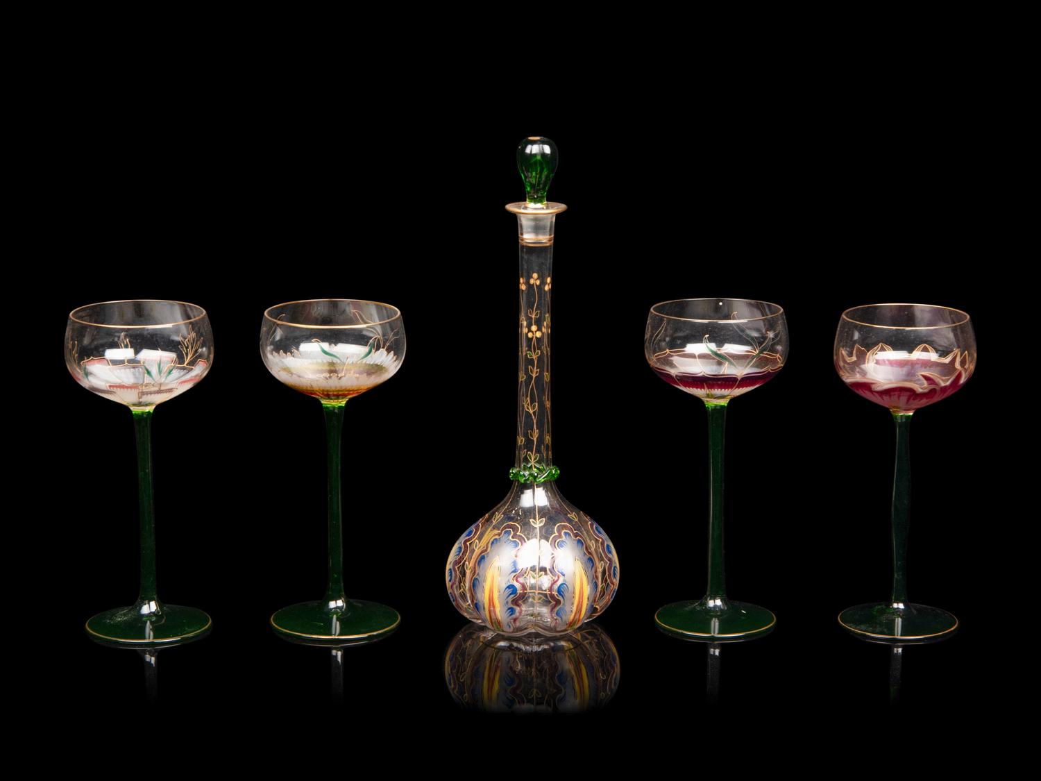 A Set of Four Enameled Glass Wine Hocks and Decanter