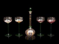 A Set of Four Enameled Glass Wine Hocks and Decanter