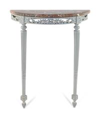 A Louis XVI Style White-Painted Marble-Top Demilune Console Table