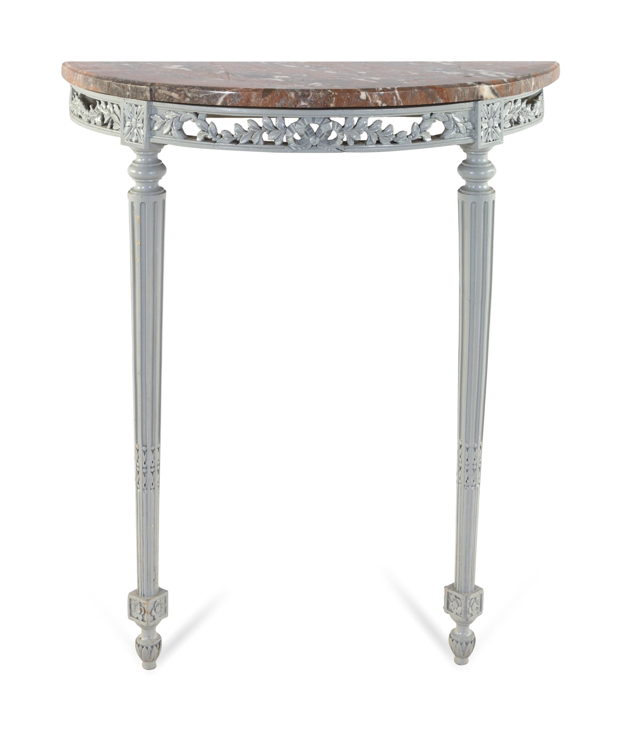 A Louis XVI Style White-Painted Marble-Top Demilune Console Table