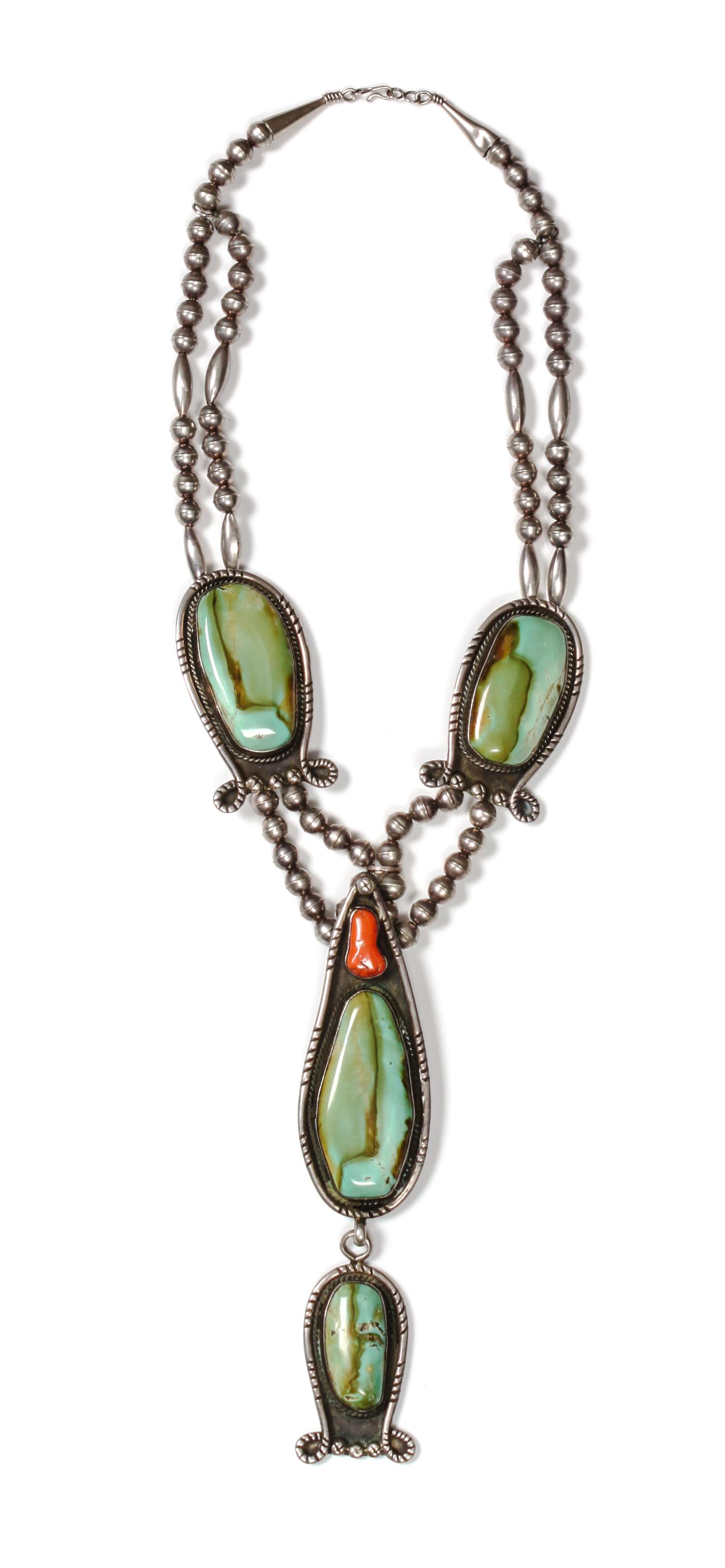 A Navajo Silver, Turquoise and Coral Necklace, Fred Thompson Length of necklace 22 inches, length of pendant 6 inches. — CIRCA 1945