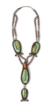 A Navajo Silver, Turquoise and Coral Necklace, Fred Thompson Length of necklace 22 inches, length of pendant 6 inches. — CIRCA 1945