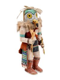 A Group of Three Katsinas including Wood Carrier, owl, and doll with case mask with protruding eyes and snout