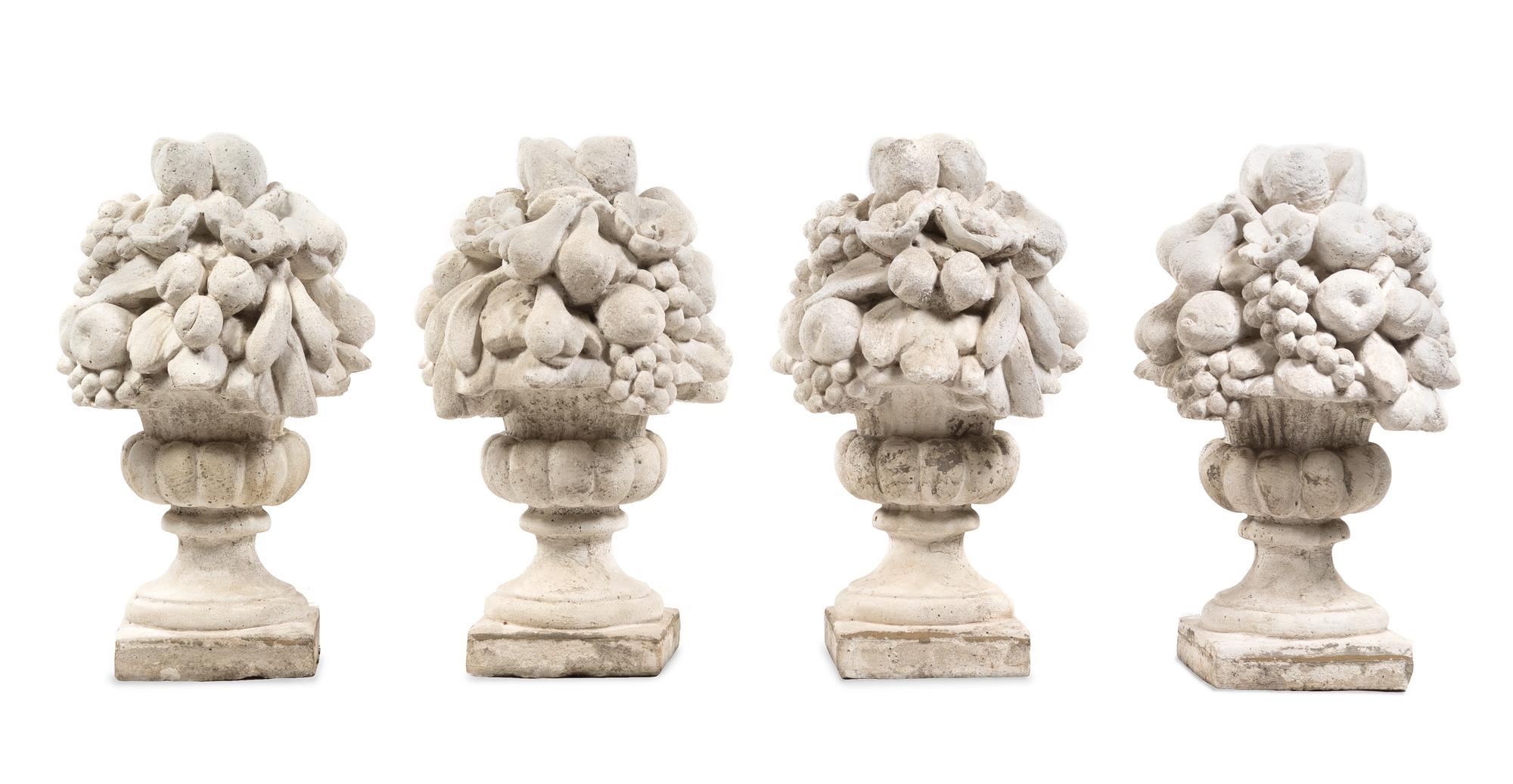 A Set of Four Cast Stone Models of Fruit-Filled Urns Height 25 inches. — 20TH CENTURY