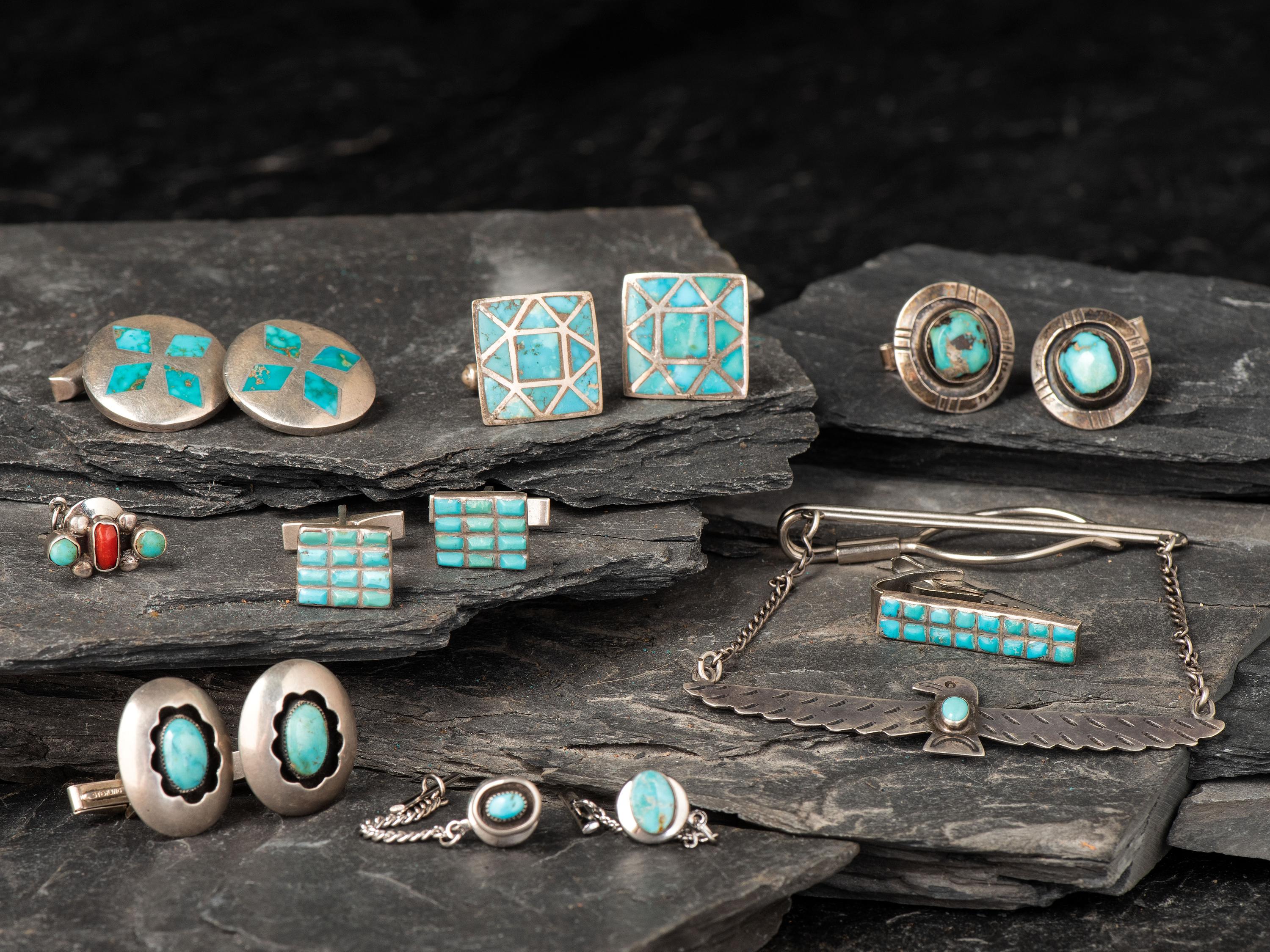Navajo and Zuni Silver and Turquoise Men's Wear Jewelry