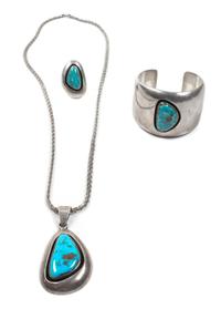 Southwestern Silver and Turquoise Demi Parure Length of bracelet 5 x opening 7/8 x width 5/8 inches