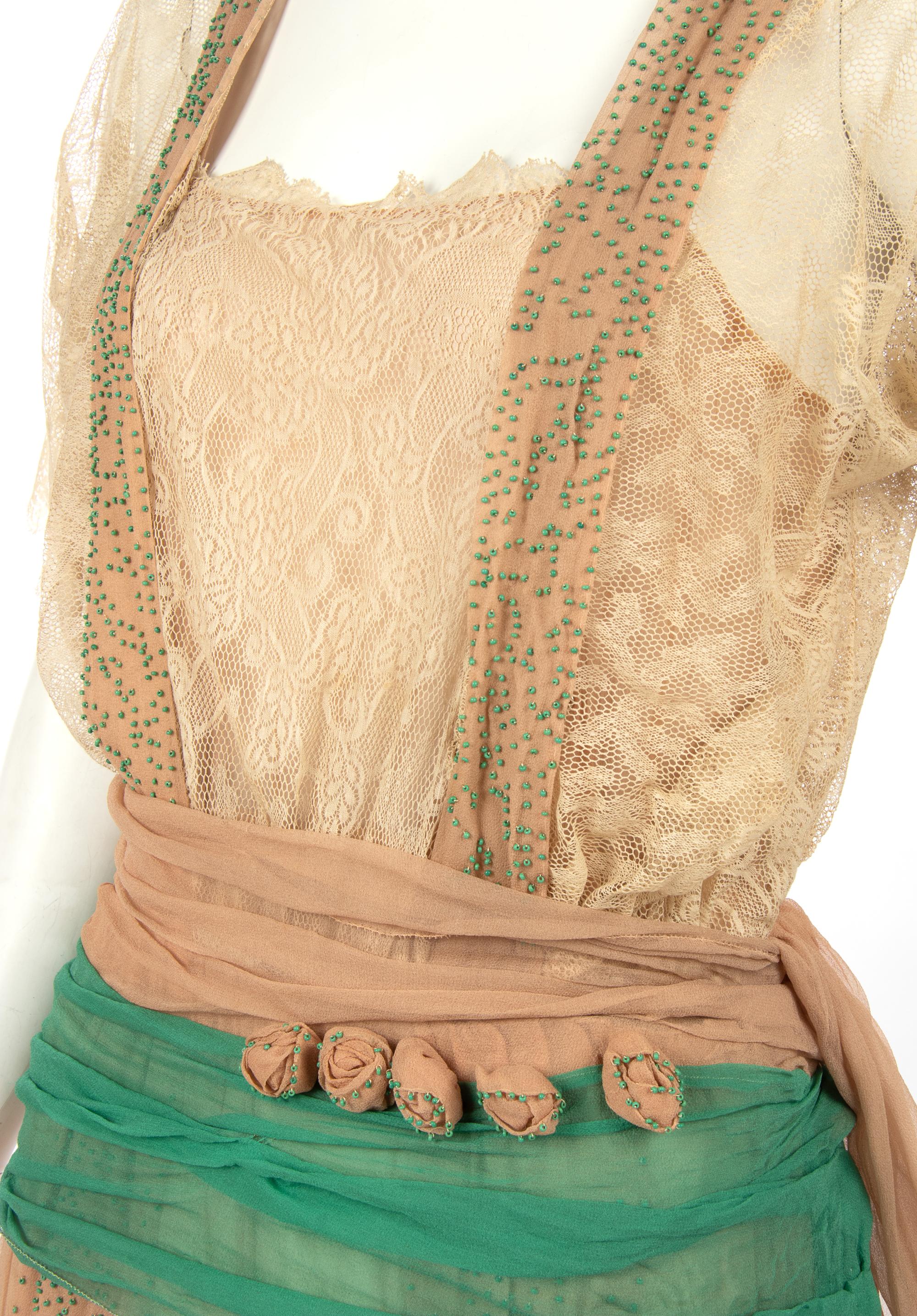 Three Dresses; One Printed Flower Dress, One White Dress, One Green Beaded Dress, 1920s*