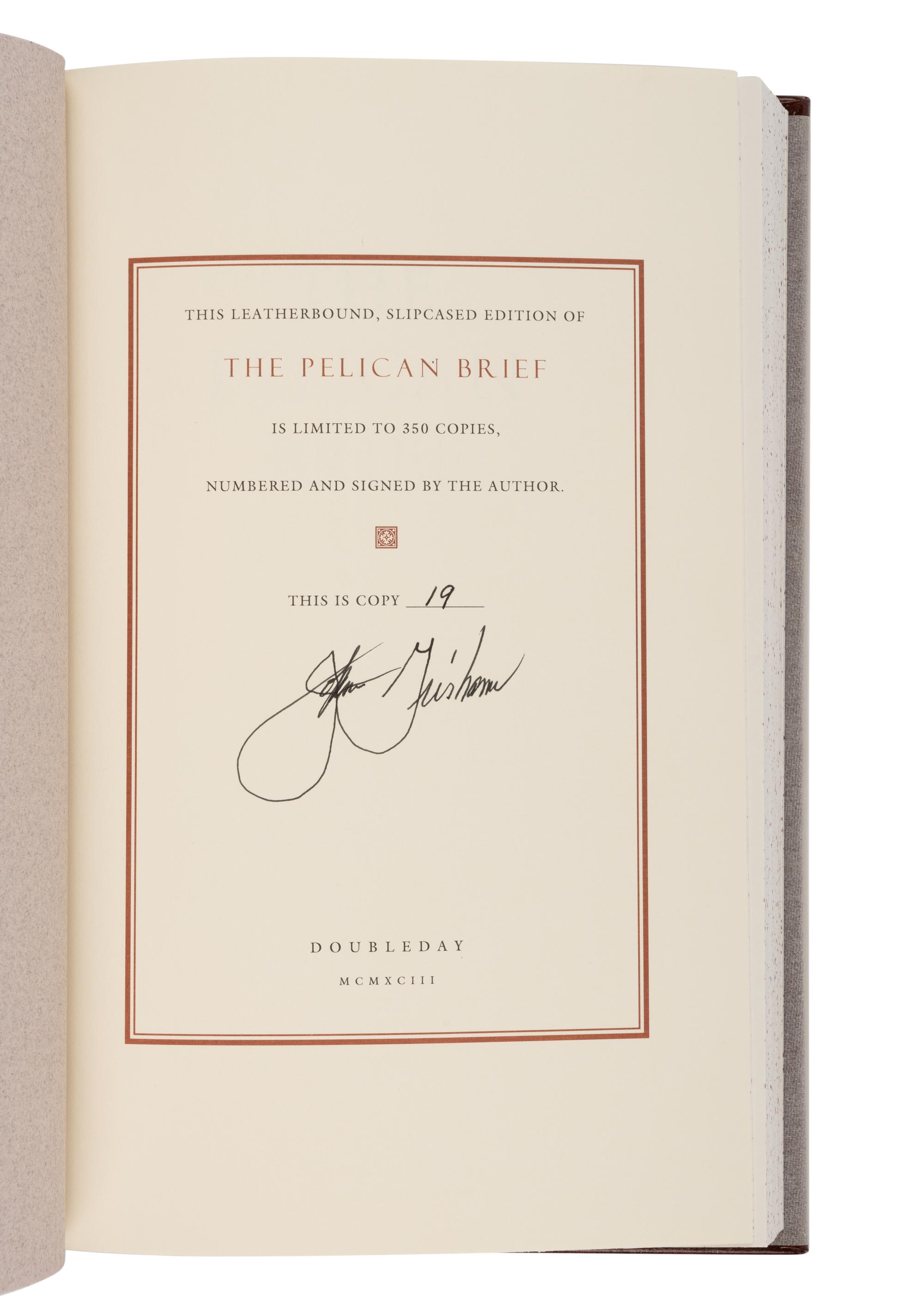 GRISHAM, John (b. 1955). The Pelican Brief . New York: Doubleday, 1993.