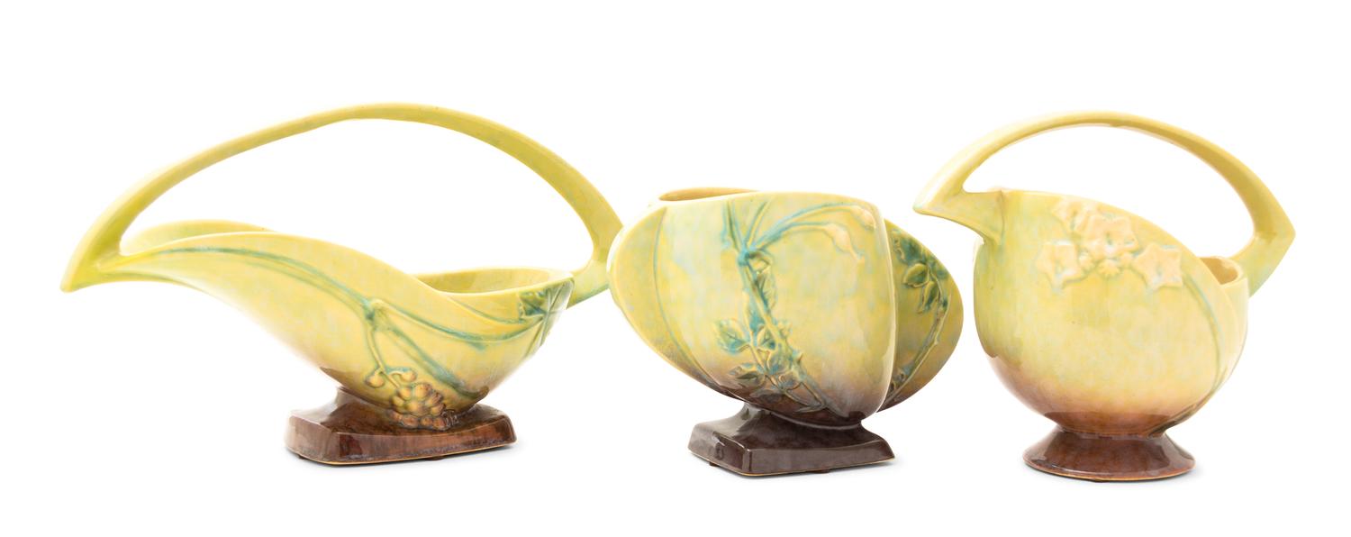 Three Rosevillle Wincraft Pottery Vases Width of widest 14 1/4 inches.
