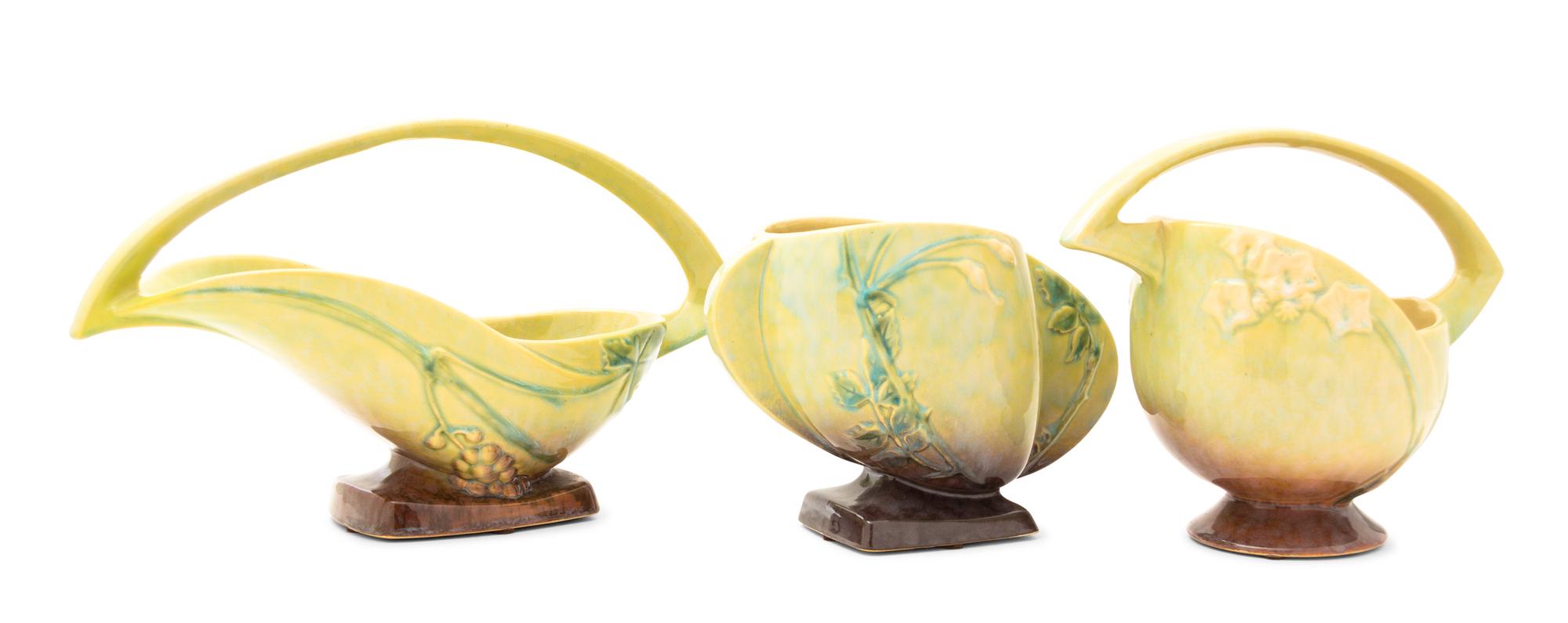 Three Rosevillle Wincraft Pottery Vases Width of widest 14 1/4 inches.