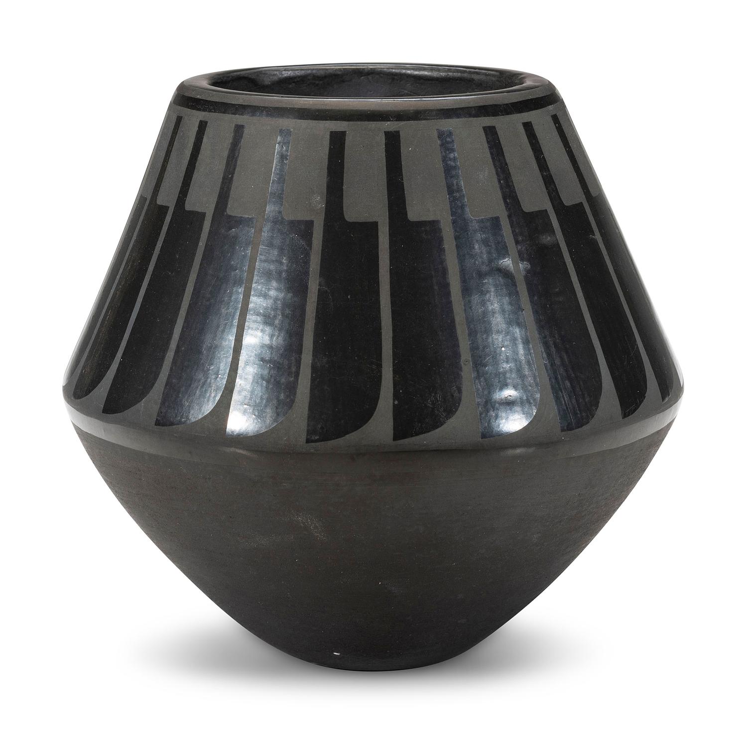 Blackware Pottery Jar, with Repeating Feathers