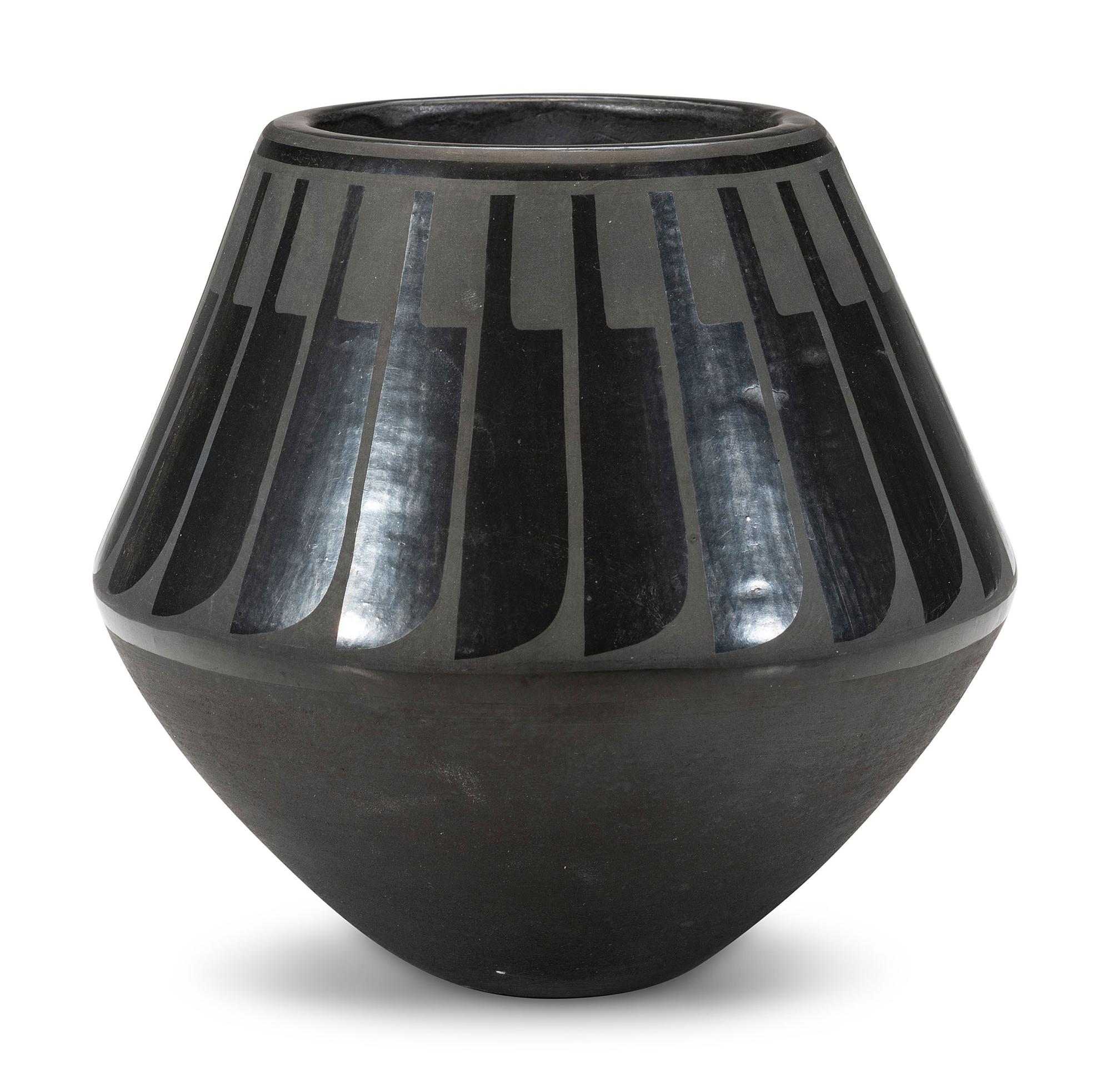 Blackware Pottery Jar, with Repeating Feathers