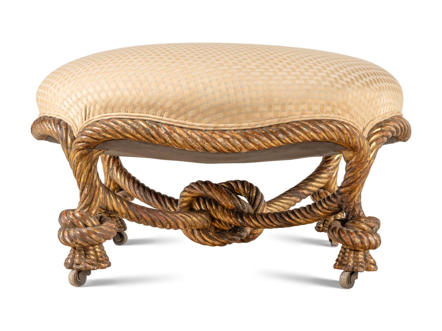 A Napoleon III Carved Giltwood Rope-Twist Ottoman