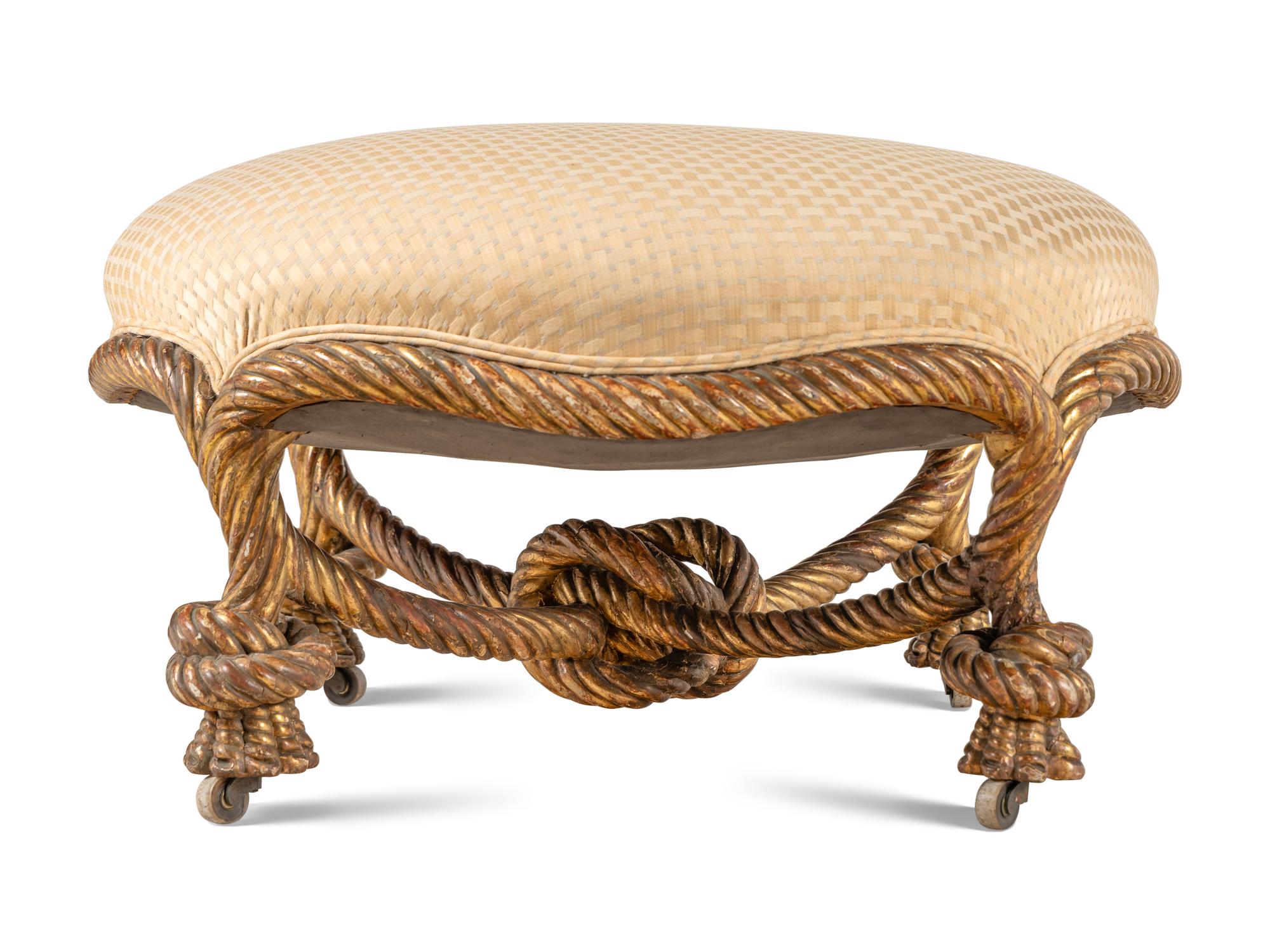 A Napoleon III Carved Giltwood Rope-Twist Ottoman