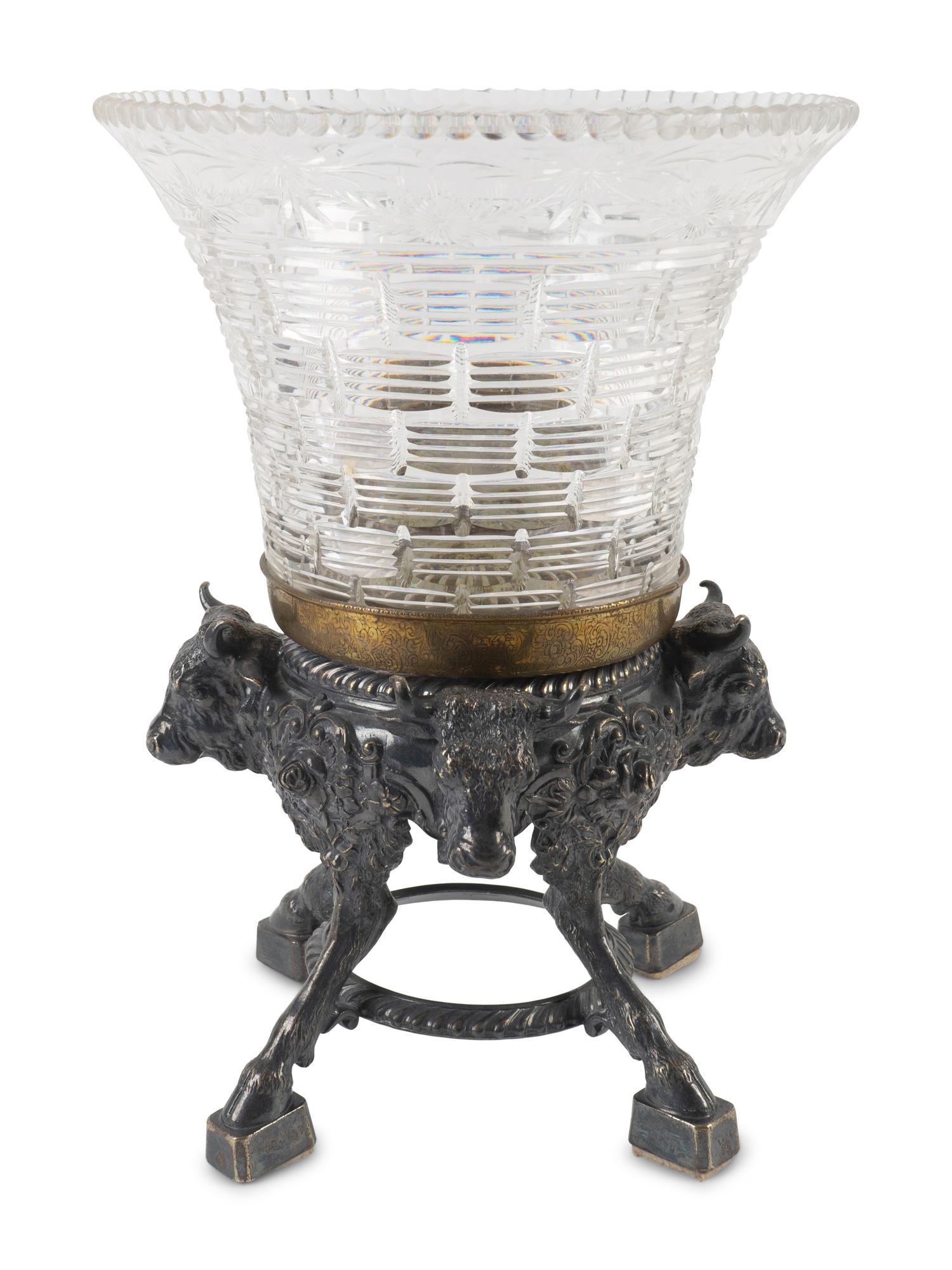 An English Silvered Metal Mounted Etched Glass Vase — POSSIBLY HAWKS